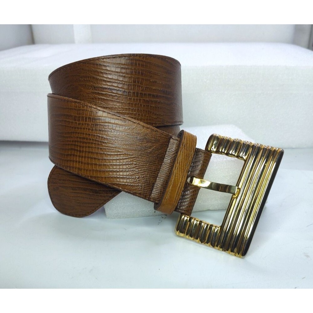 Accessories by PEARL 1987 Vtg Brown Sz M Leather Belt Gold Square Buckle USA 2"